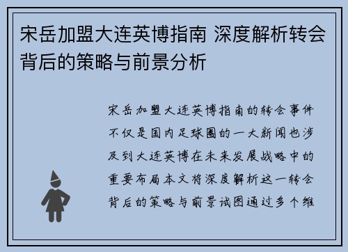 宋岳加盟大连英博指南 深度解析转会背后的策略与前景分析