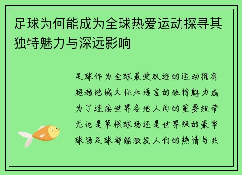 足球为何能成为全球热爱运动探寻其独特魅力与深远影响