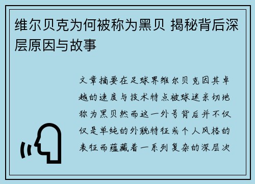 维尔贝克为何被称为黑贝 揭秘背后深层原因与故事 维尔贝克为何被称为黑贝 揭秘背后深层原因与故事